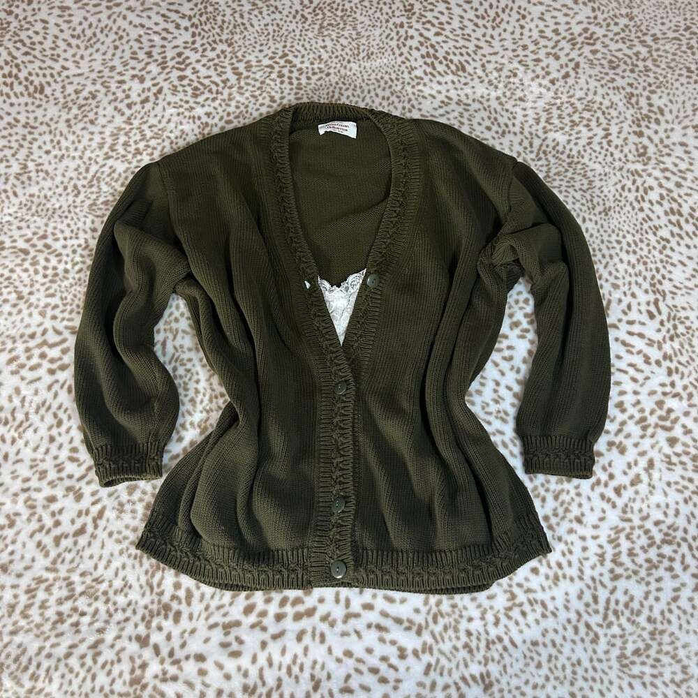 United Colors of Benetton Vintage Olive Green 100% Cotton V-Neck Button Cardigan